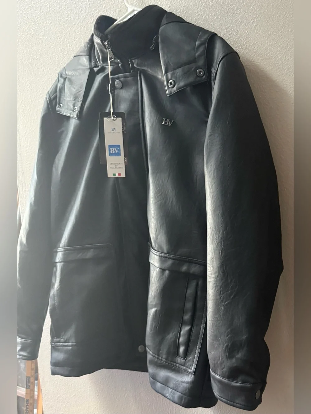 BV BOTTEGA VENETA REMOVEABLE HOOD FLAP POCKET ZIP UP FAUX LEATHER JACKET M~NWT